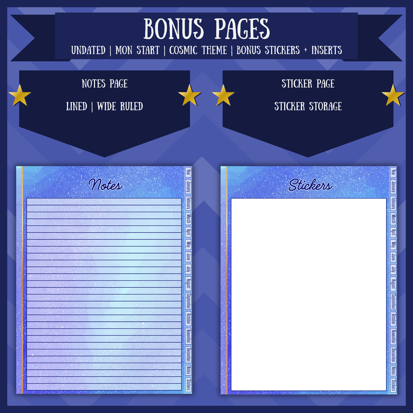 Cosmic Yearly Digital Planner Undated Monday Start Hyperlinked