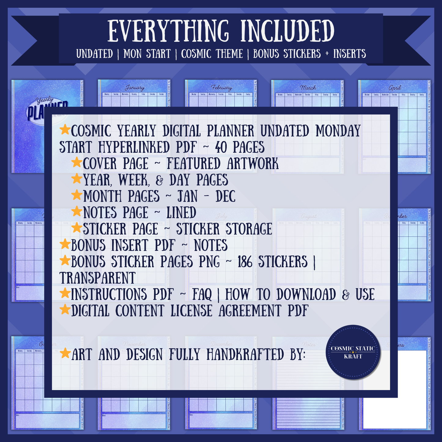 Cosmic Yearly Digital Planner Undated Monday Start Hyperlinked