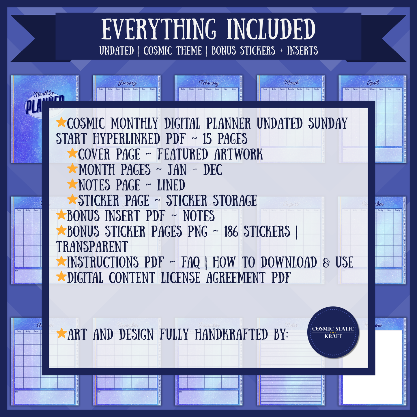Cosmic Monthly Digital Planner Undated Sunday Start Hyperlinked