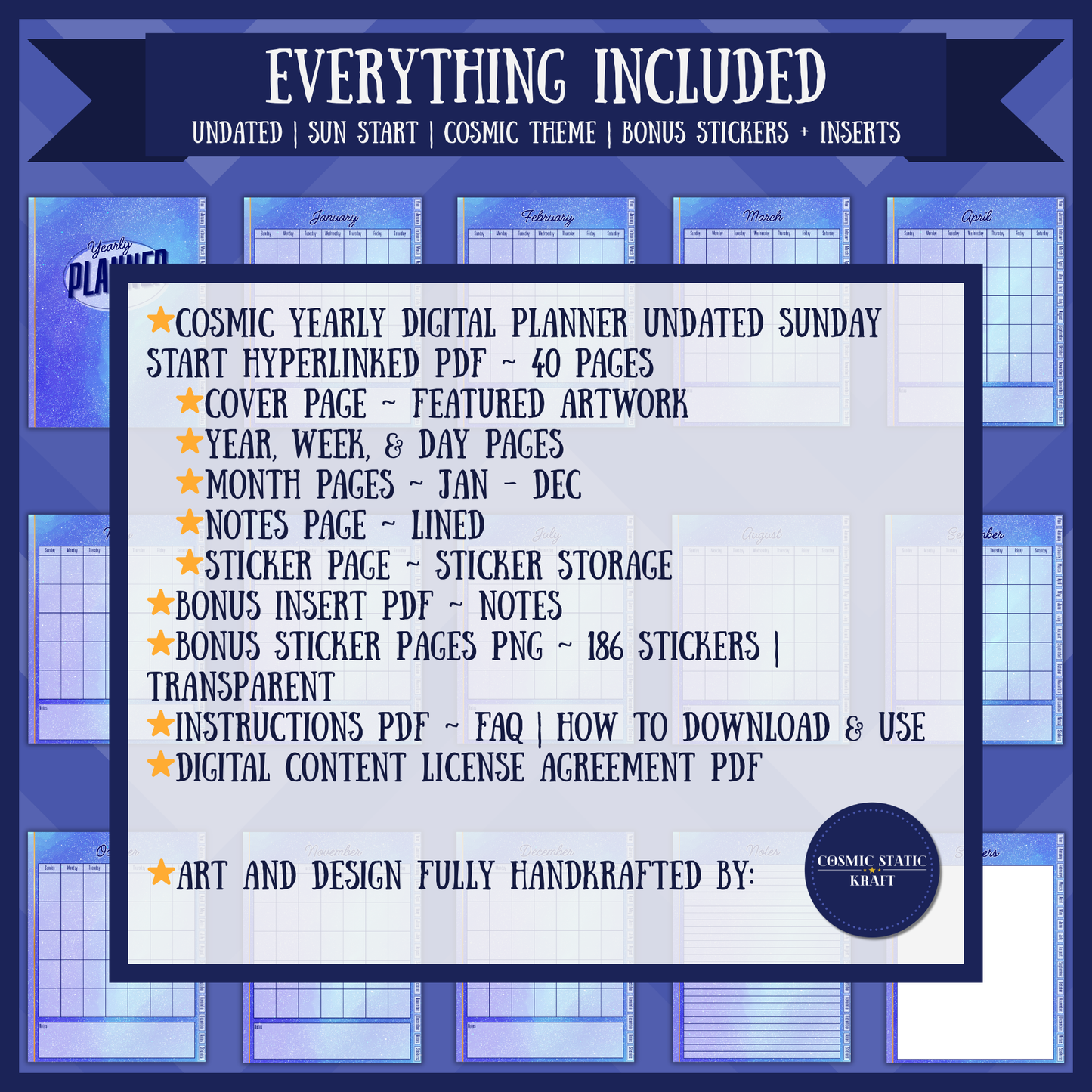 Cosmic Yearly Digital Planner Undated Sunday Start Hyperlinked