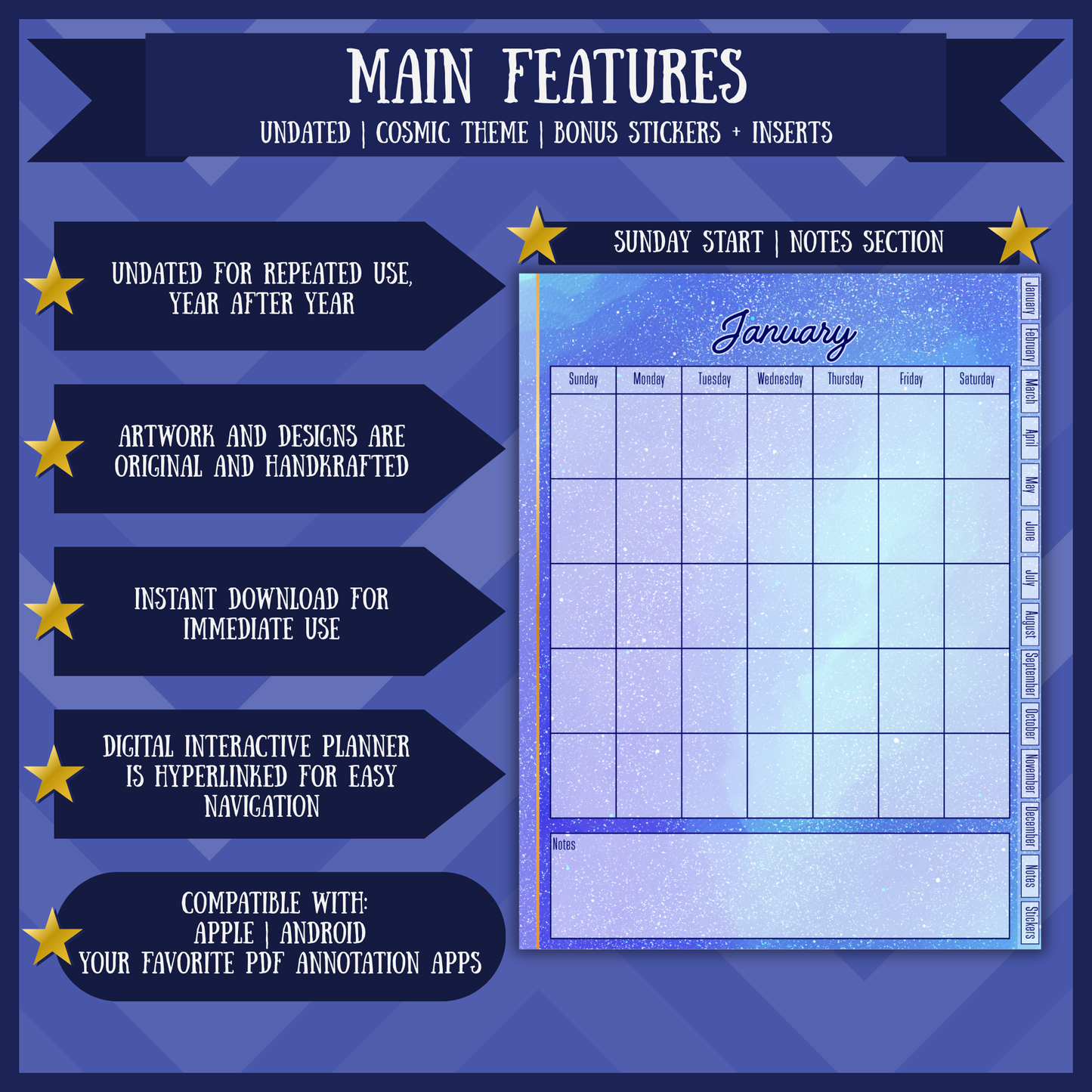 Cosmic Monthly Digital Planner Undated Sunday Start Hyperlinked