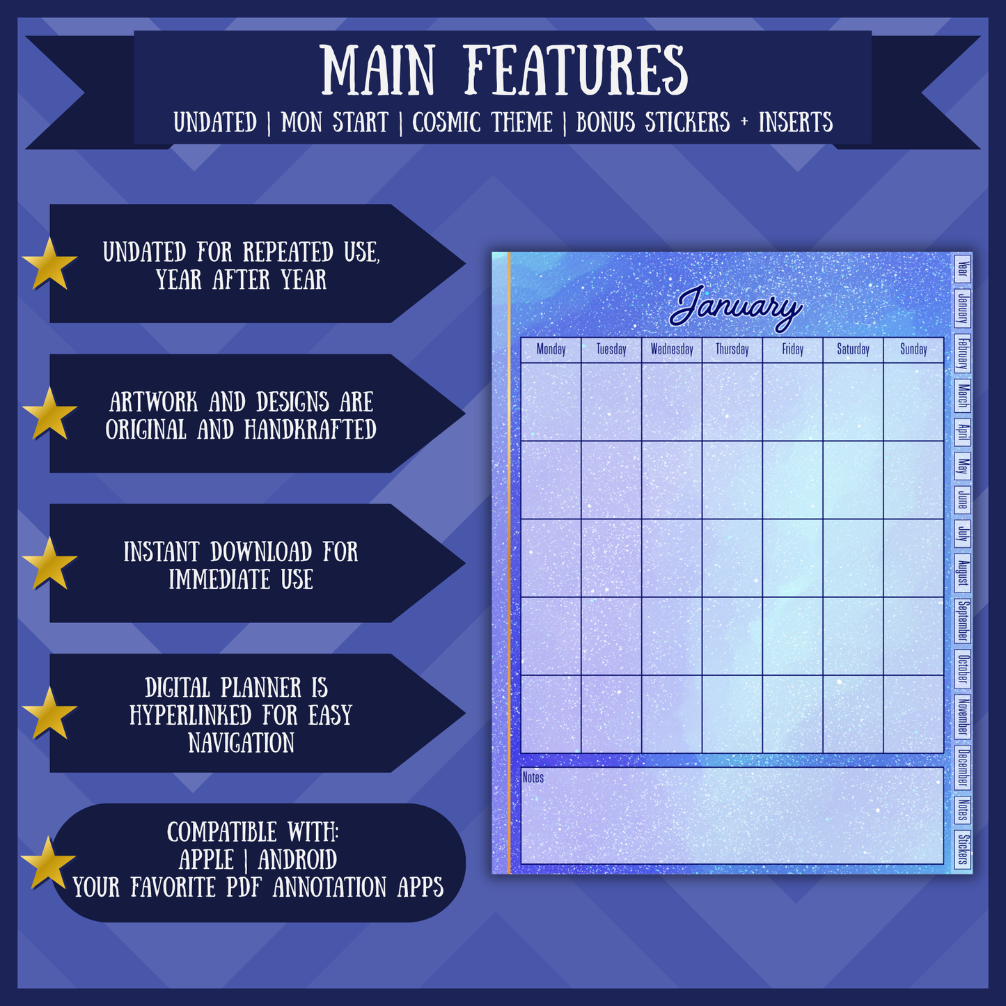 Cosmic Yearly Digital Planner Undated Monday Start Hyperlinked
