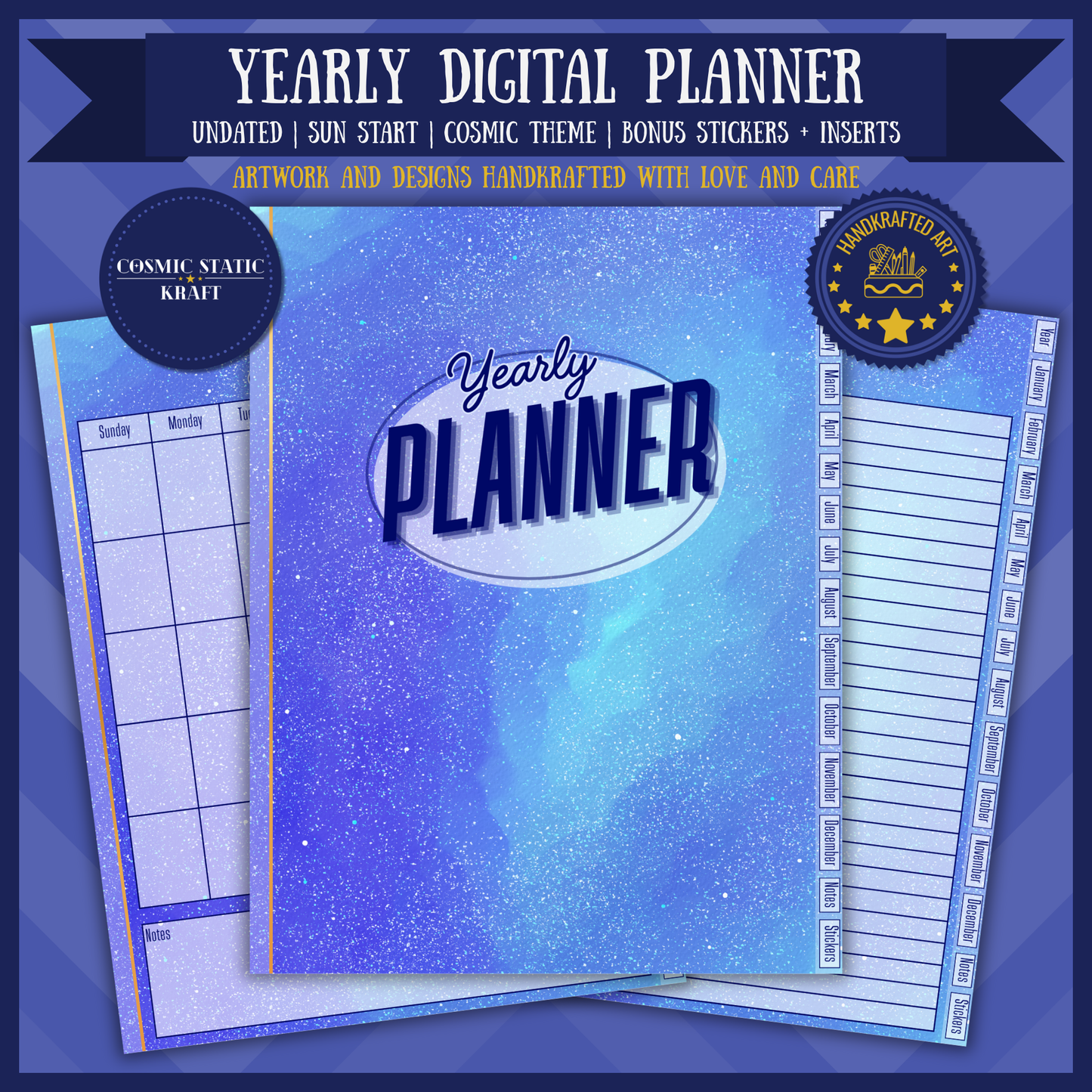 Cosmic Yearly Digital Planner Undated Sunday Start Hyperlinked
