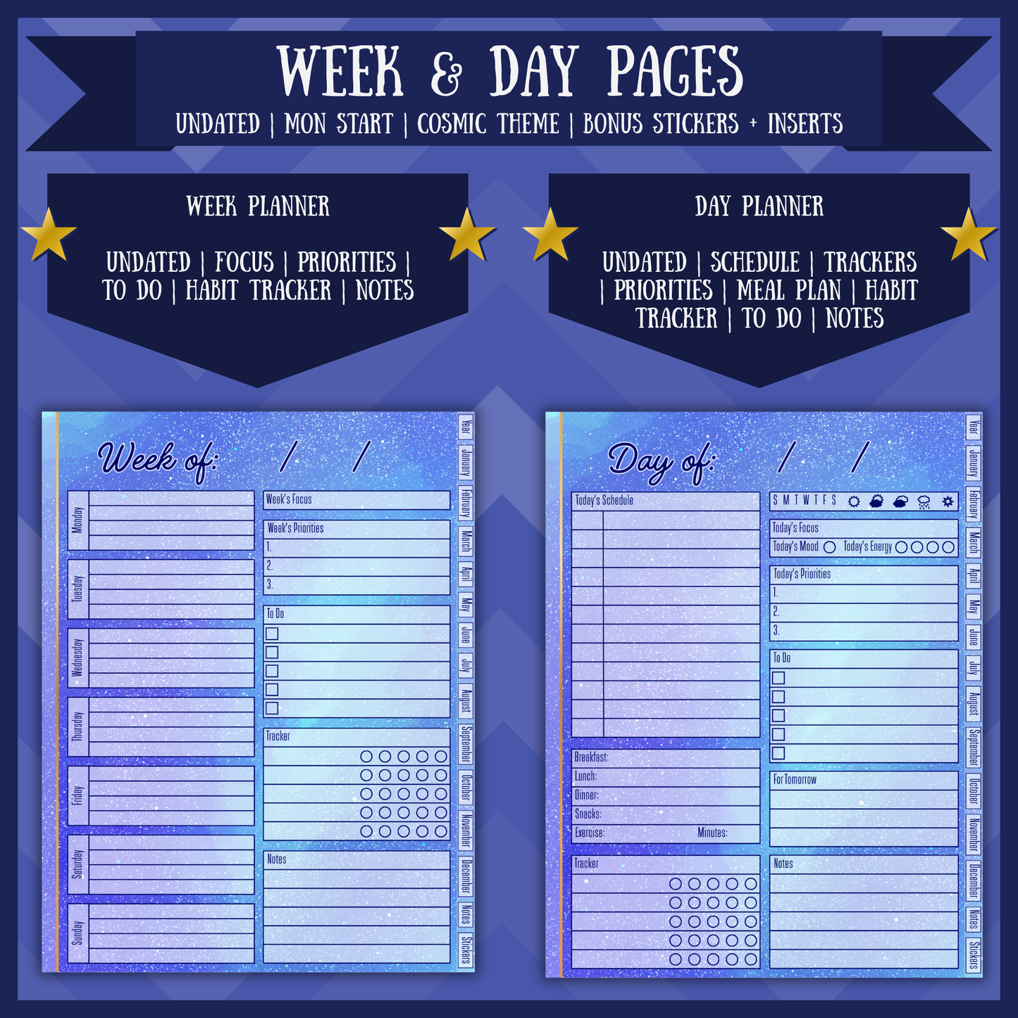 Cosmic Yearly Digital Planner Undated Monday Start Hyperlinked