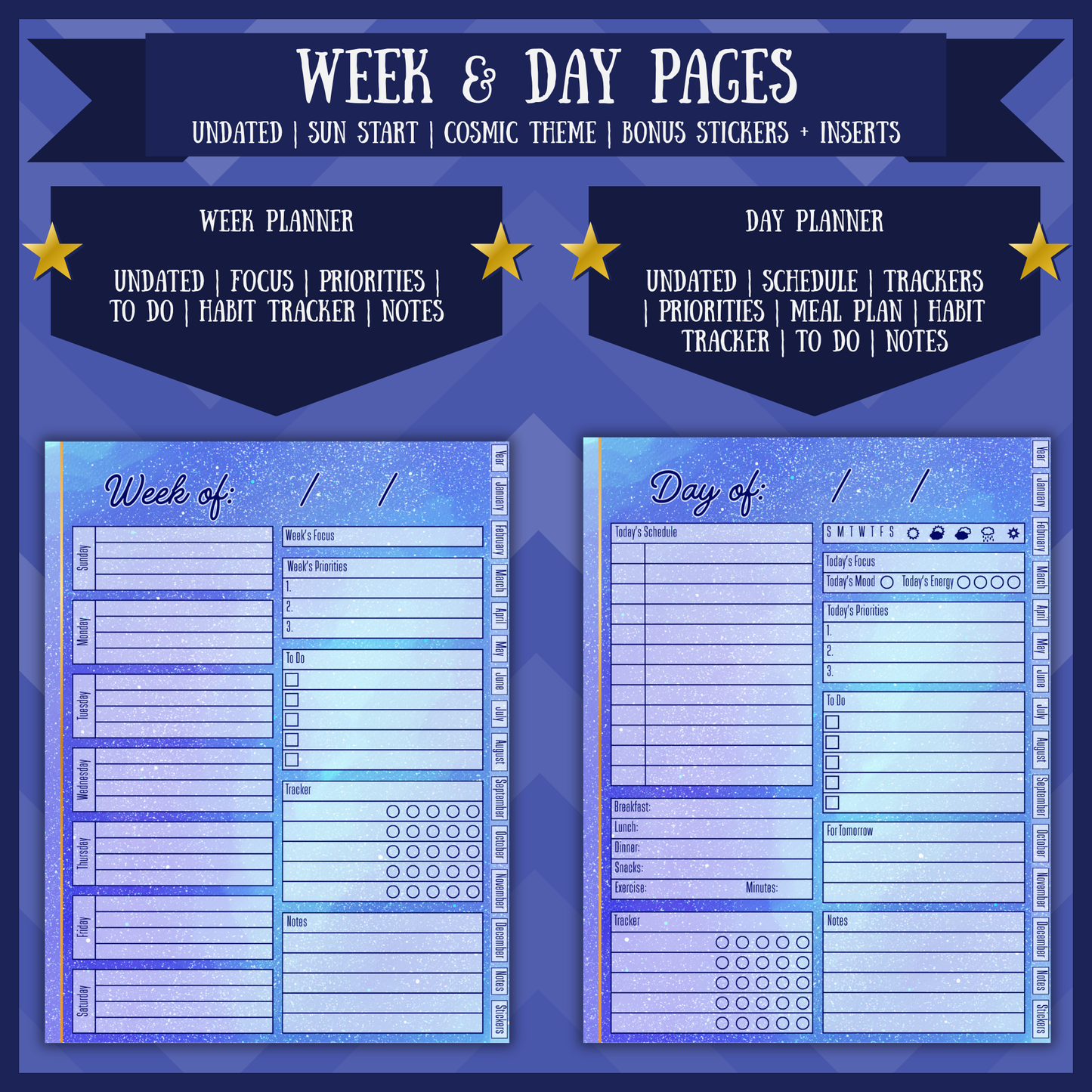 Cosmic Yearly Digital Planner Undated Sunday Start Hyperlinked