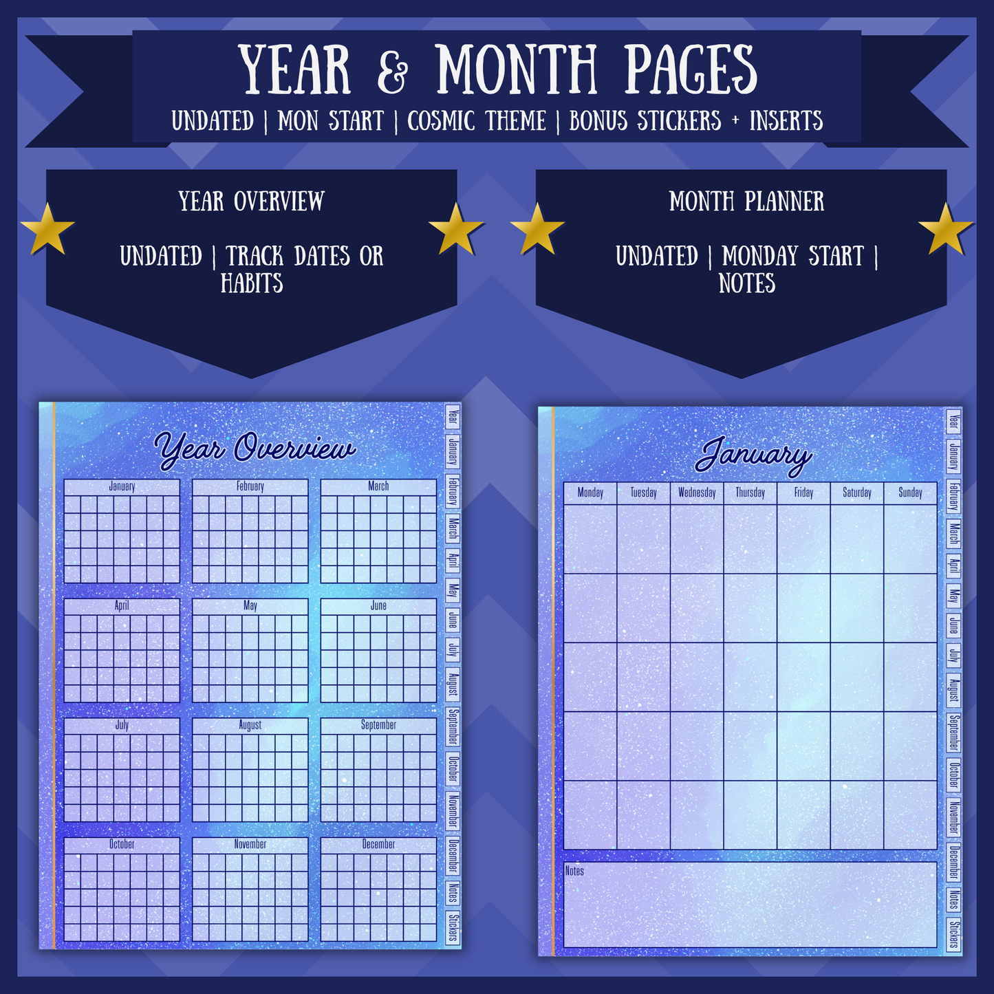 Cosmic Yearly Digital Planner Undated Monday Start Hyperlinked