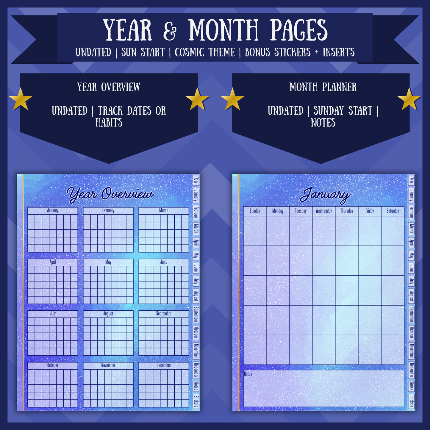 Cosmic Yearly Digital Planner Undated Sunday Start Hyperlinked