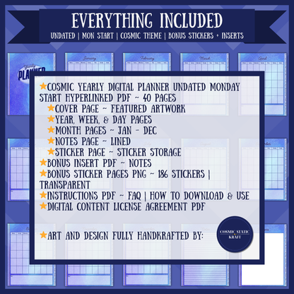 Cosmic Yearly Digital Planner Undated Monday Start Hyperlinked