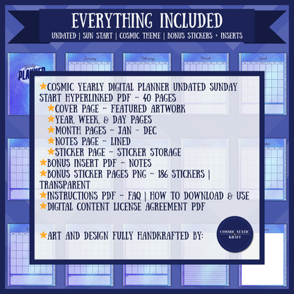 Cosmic Yearly Digital Planner Undated Sunday Start Hyperlinked