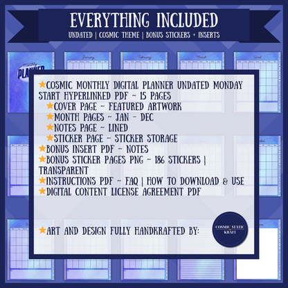 Cosmic Monthly Digital Planner Undated Monday Start Hyperlinked