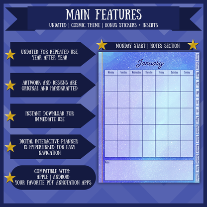 Cosmic Monthly Digital Planner Undated Monday Start Hyperlinked