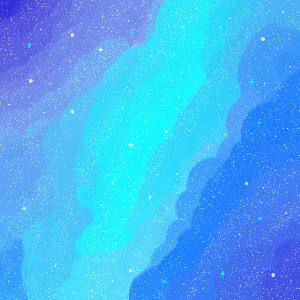 A blue starscape full of billowing clouds and brillant stars.