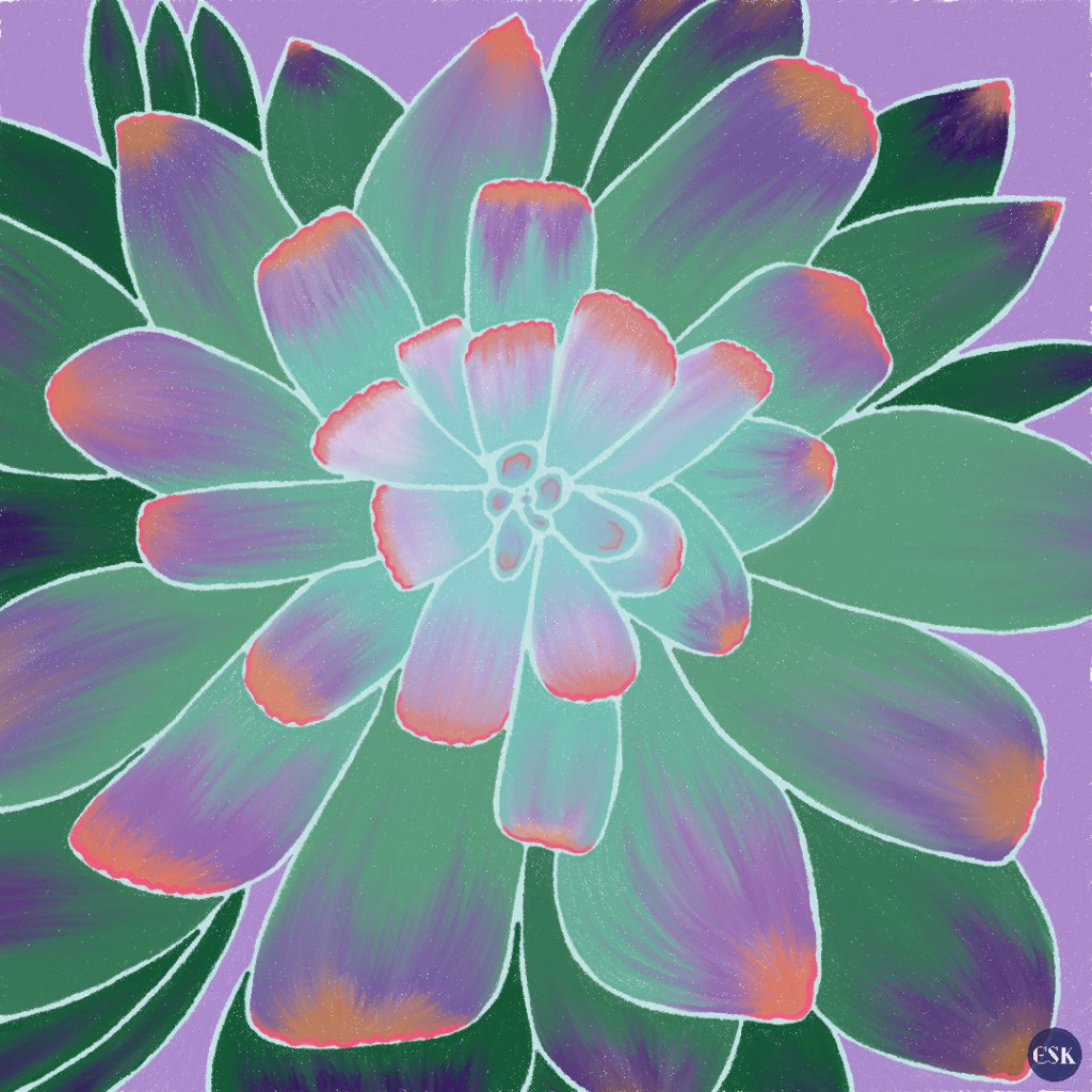 My Neon Breaker Echevaria succulent on a light purple background. Created in Rebelle 7. (c) Cosmic Static Kraft 2026