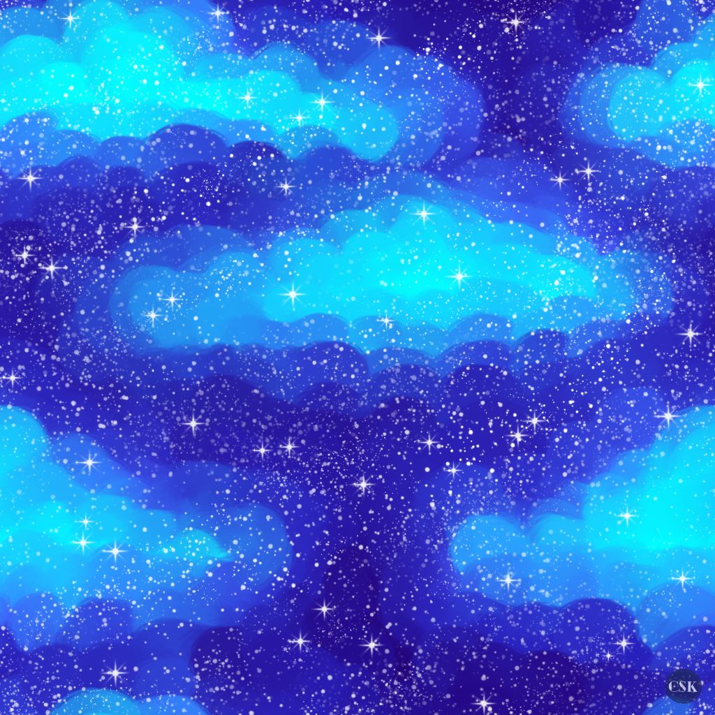 A starfield on billowing clouds in shades of blue. Created in Krita. (c) Cosmic Static Kraft 2026
