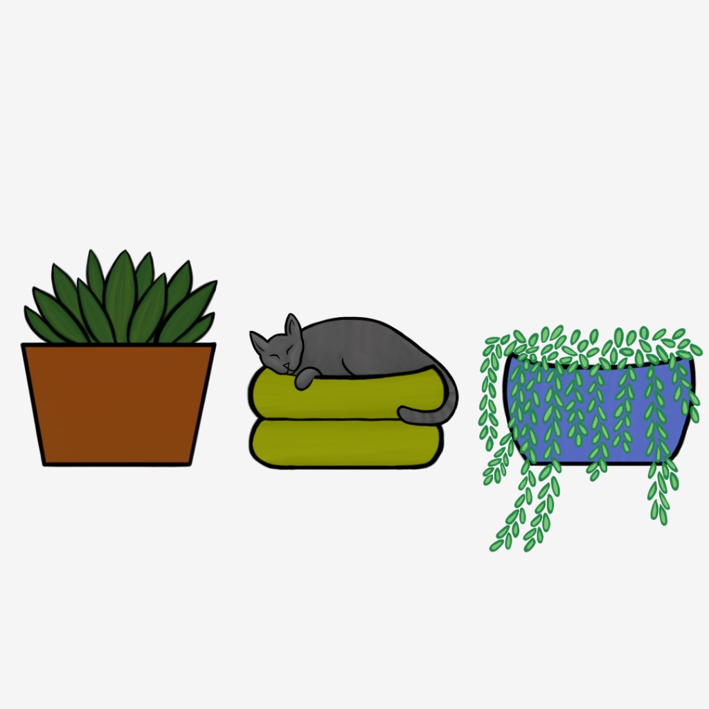 Cute cat sleeping in a plant pot surrounded by other potted plants. Created in Rebelle7. (c) Cosmic Static Kraft 2026