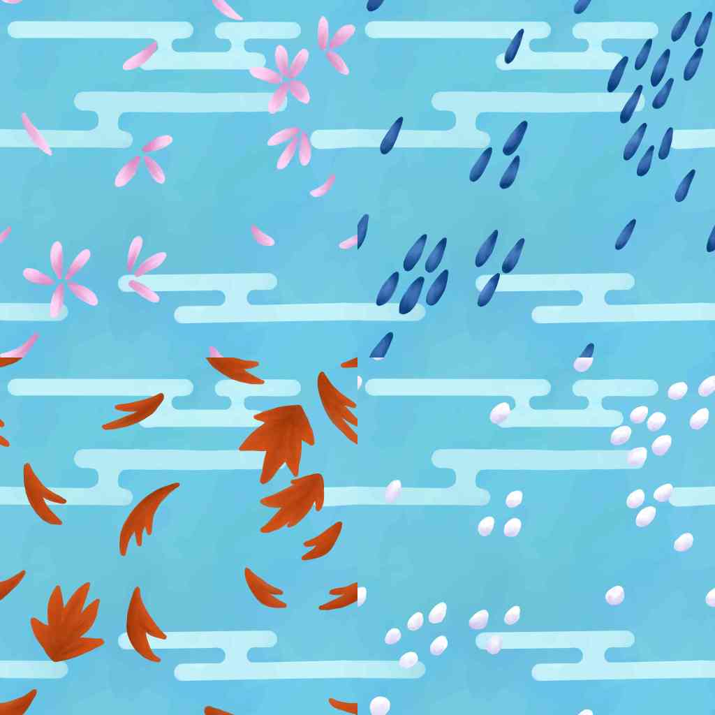 The Japanese inspired clouds are a nice backdrop to depict the four different seasons. Created in Krita. (c) Cosmic Static Kraft 2026