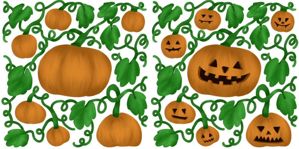 Pumkins on vines with Jack o' Lantern version. Created in Krita. (c) Cosmic Static Kraft 2026